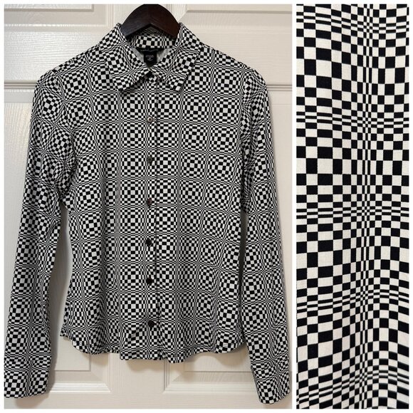 Y2K 00s Moda International Checkered Psychedelic Op Art Button Down Shirt M - Picture 1 of 11